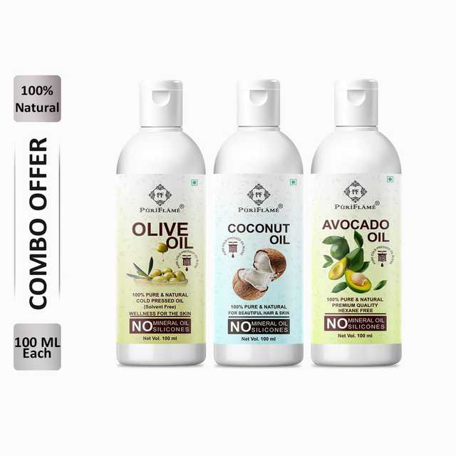 PuriFlame Pure Olive Oil (100 ml) & Coconut Oil (100 ml) & Avocado Oil (100 ml) Combo For Rapid Hair Growth (Pack Of 3) (B-6140)