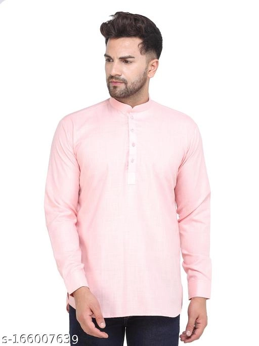 Cotton Blend Solid Short Kurta for Men (Pink, S)