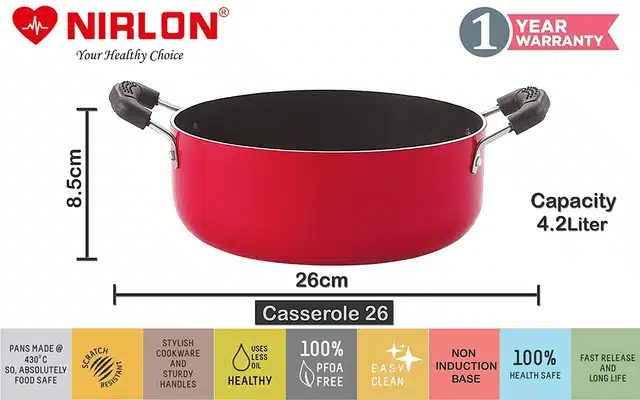 Aluminium Nonstick Casserole with Glass Lid (Red, Set of 1)