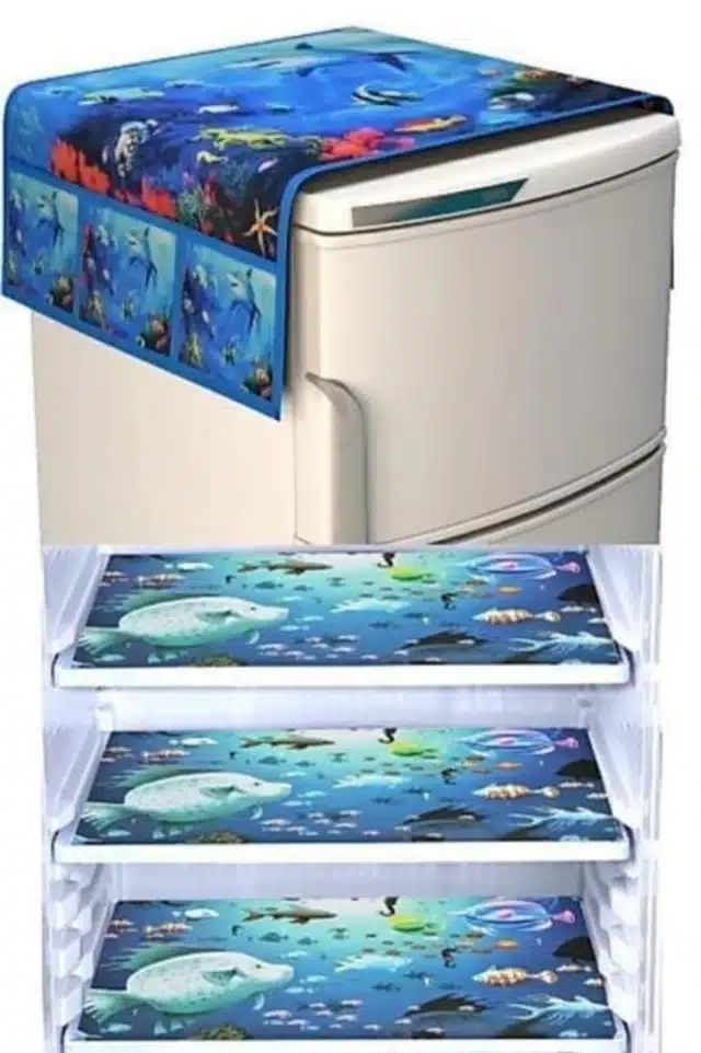 Digital Printed Fridge Cover 3 Pcs Mat with Top Cover (Blue, Set of 1)