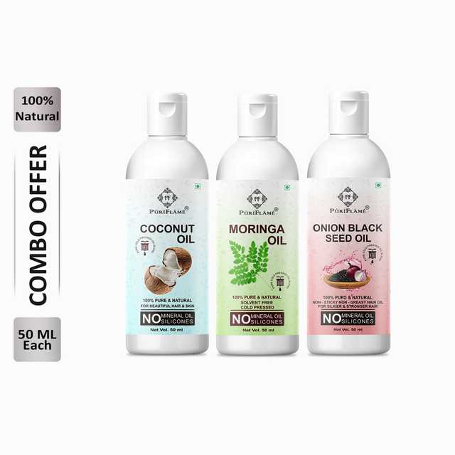 Puriflame Pure Coconut Oil (50 ml), Moringa Oil (50 ml) & Onion Black Seed Oil (50 ml) Combo for Rapid Hair Growth (Pack Of 3) (B-10306)