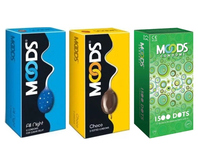 Moods 1500 Dots with Choco & All Night 12 Pcs Dotted Condoms for Men (Set of 3)