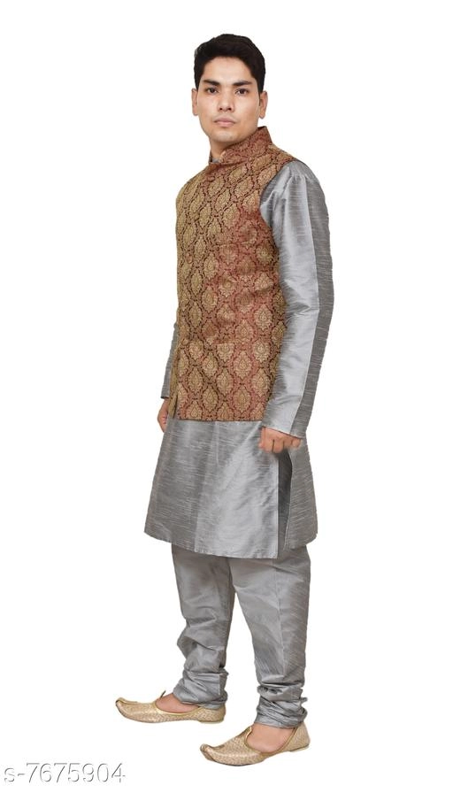 Dupion Silk Solid Kurta with Pyjama & Jacket for Men (Grey & Brown, S)