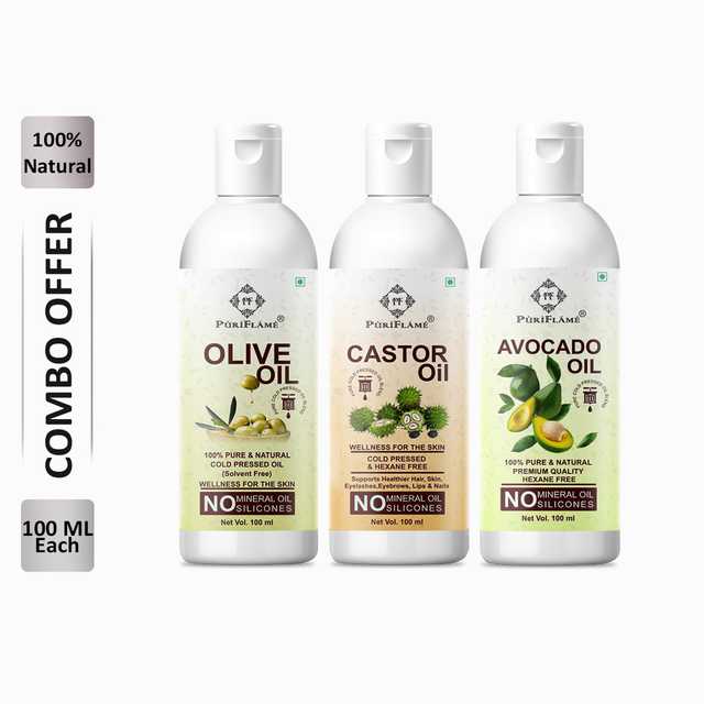 PuriFlame Pure Olive Oil (100 ml) & Castor Oil (100 ml) & Avocado Oil (100 ml) Combo For Rapid Hair Growth (Pack Of 3) (B-6122)