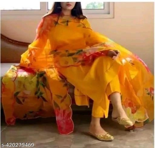 Art Silk Silk Solid Kurti with Pant & Dupatta for Women (Yellow, M)