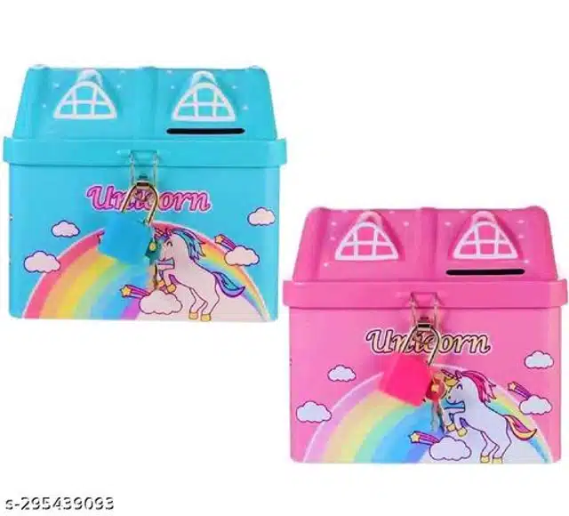 Hut Shaped Money Bank with Key & Lock for Kids (Blue & Pink, Pack of 2)