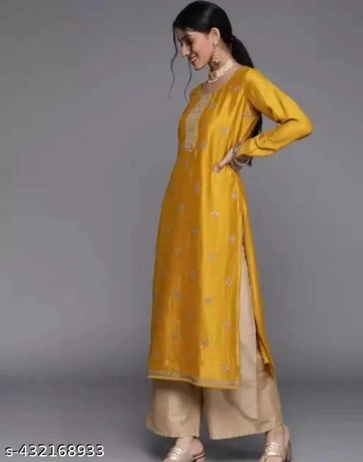 Silk Blend Embroidered Kurti for Women (Yellow, XS)