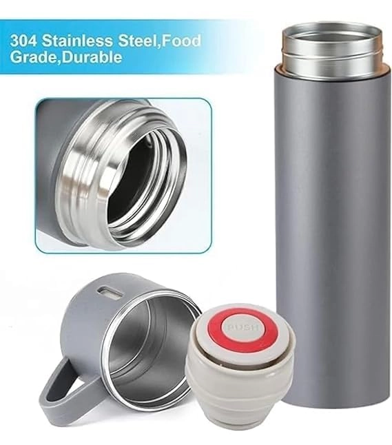 Stainless Steel Vacuum Insulated Flask with Two Cups (Multicolor, 500 ml)