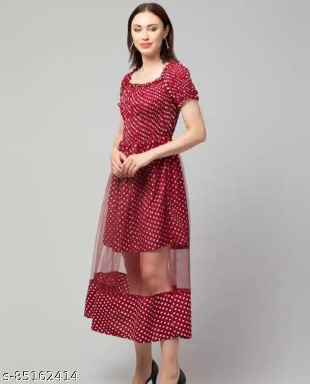 Poly Crepe Half Sleeves Dress for Women (Maroon, S)