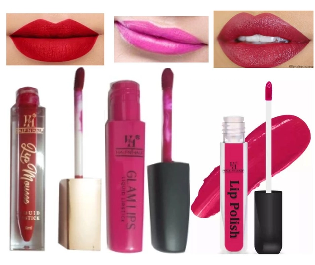 Combo of Lip Polish with Liquid Lipstick & Lip Mousse (Multicolor, Set of 3)