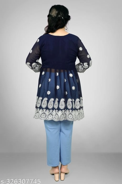 Georgette Chikankari Top for Women (Navy Blue, XL)