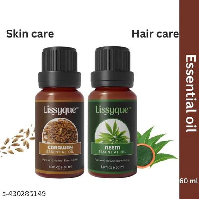  Lissyque Pure Neem Essential Oil & Natural Caraway Essential Oil, 100% Pure for Increasing Healthy shiny Hair Re-growth & Reduce Dandruff, Hair Fall, Pimple Care, Acne, Scars, Age Line, Bath Oil, Aromatherapy, 60ml Essential Oil Combo Pack