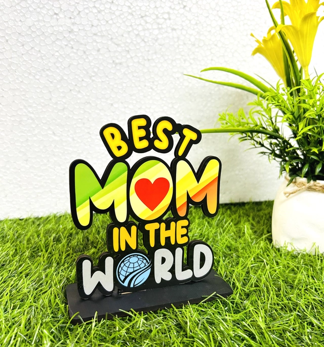 Wooden Handcrafted Best Mom In The World Trophy Gifts (Multicolor, 14.5 cm)