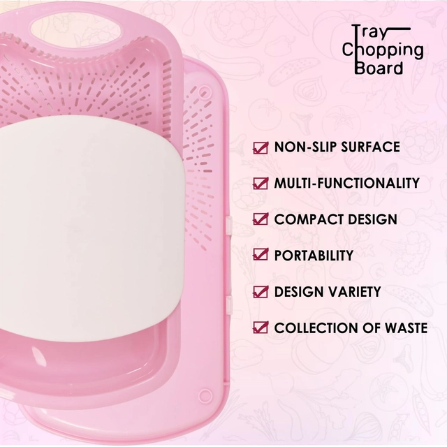 Plastic Chopping Board with Strainer for Kitchen (Peach)