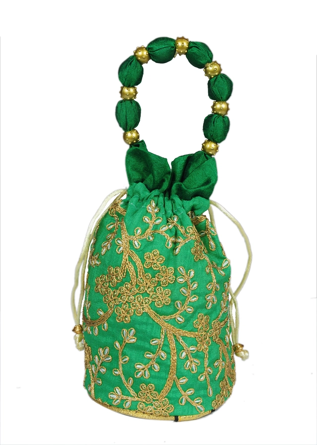 Silk Floral Ethnic Rajasthani Traditional Work Potli with Handle for Return Gifts (Green)