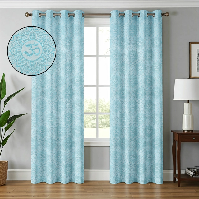 Polycotton Printed Window & Door Curtain (Sky Blue, 4x7 Feet) (Pack of 2)