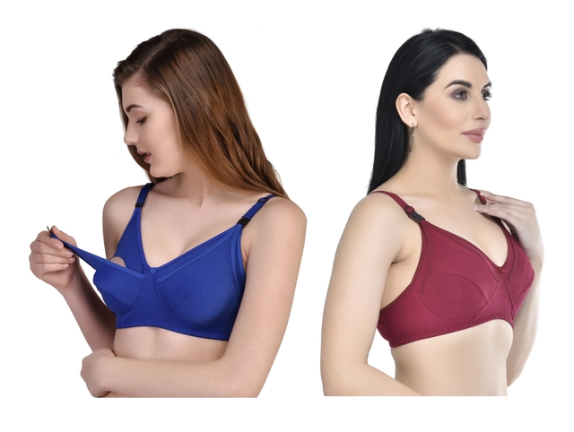 Cotton Blen Solid Non Padded Feeding Bras for Women (Multicolor, 32) (Pack of 2)