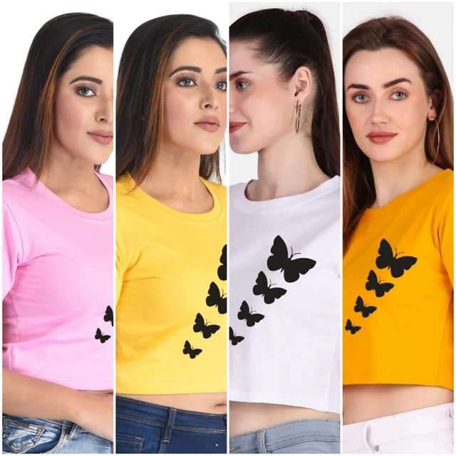 Round Neck Printed Crop T-Shirts for Women & Girls (Multicolor, S) (Pack of 4)