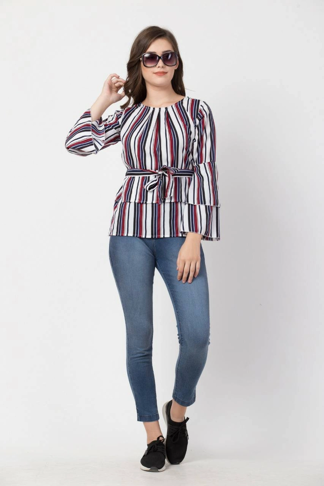 Cotton Striped Top for Women (White & Black, S)