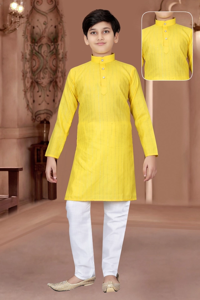 Cotton Full Sleeves Kurta with Pyjama for Boys (Yellow & White, 3-5 Years)