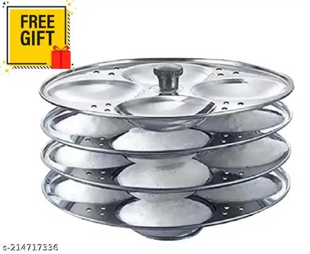 Stainless Steel 4 Plate Idli Maker with Tea Strainer (Silver, Set of 2)