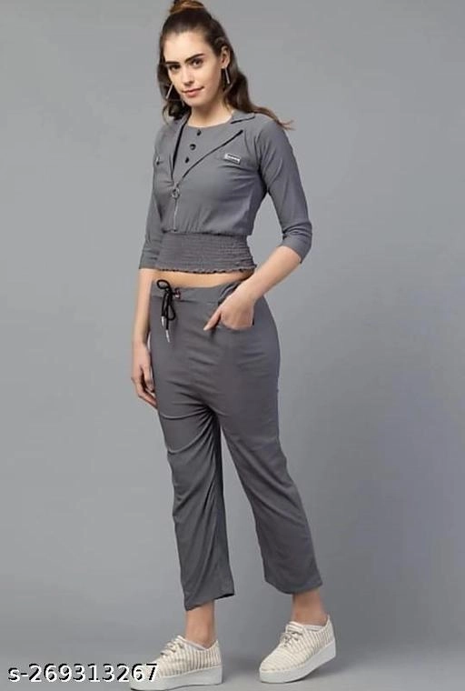 Cotton Blend Solid Top & Bottom Set for Women (Grey, L)