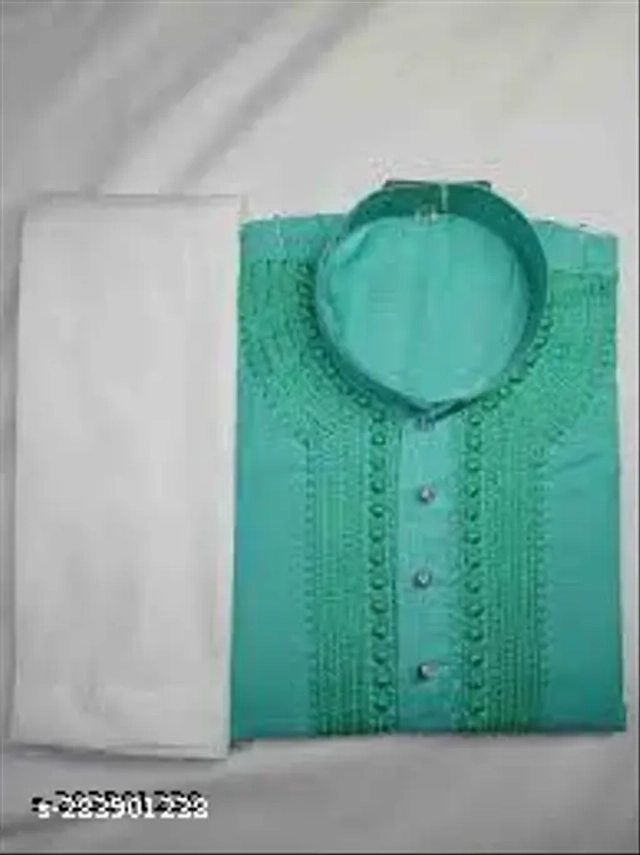 Cotton Blend Embroidered Kurta with Pyjama for Men (Sky Blue, M)