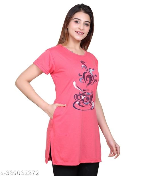 Round Neck Printed Long T-Shirt for Women (Pink, M)