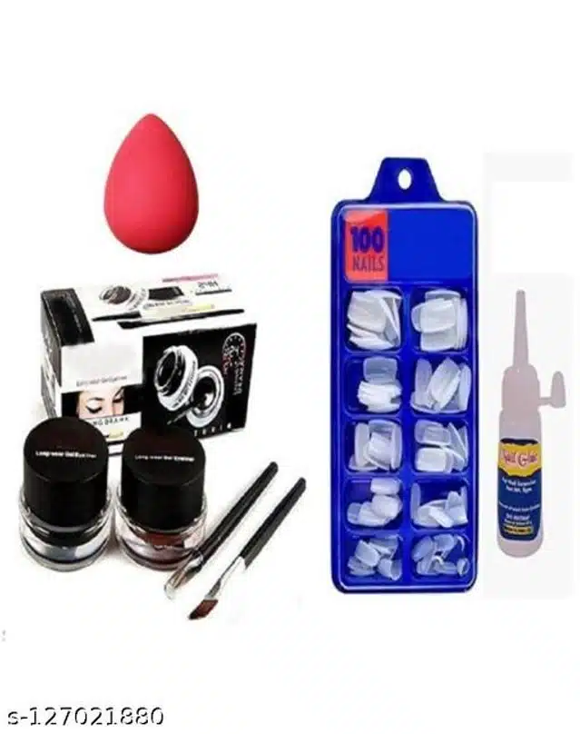Artificial Nails (100 Pcs) with Glue & Makeup Blender with 2 Pcs Gel Eye Liner with 2 Pcs Brushes (White, Set of 5)
