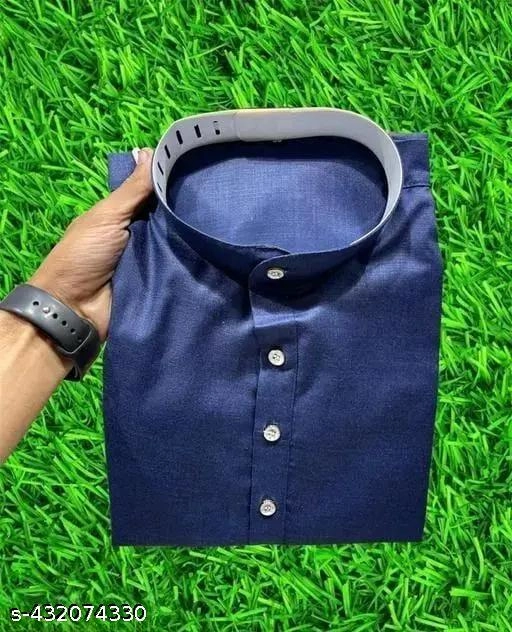 Cotton Solid Kurta with Pyjama for Men (S, Navy Blue)