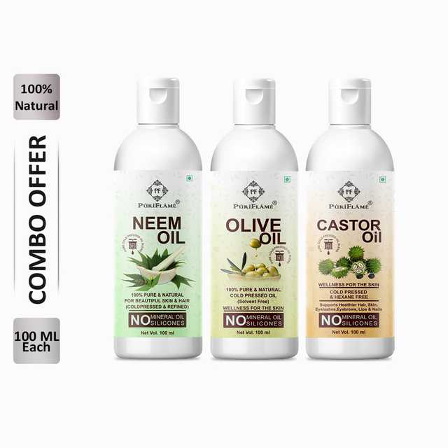 PuriFlame Pure Neem Oil (100 ml) & Olive Oil (100 ml) & Castor Oil (100 ml) Combo For Rapid Hair Growth (Pack Of 3) (B-5909)