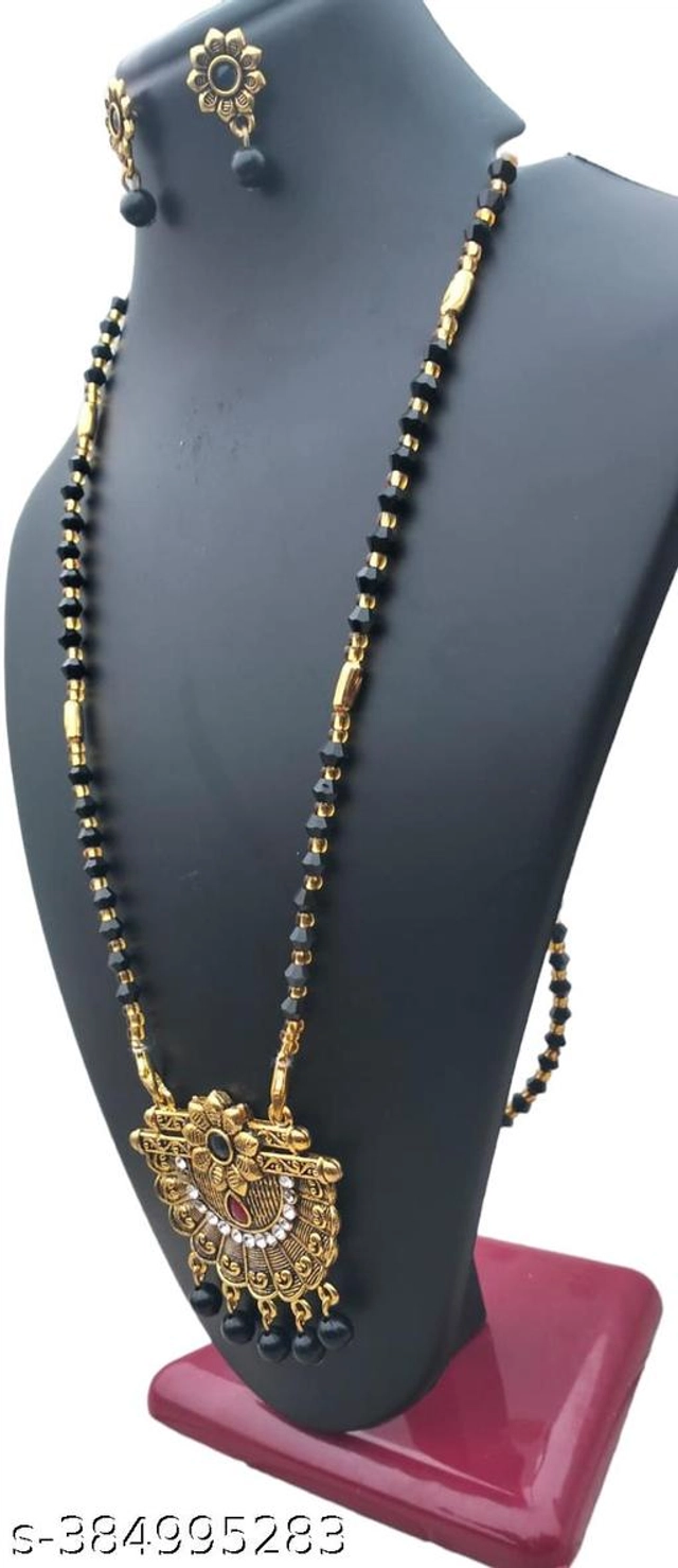 Alloy Mangalsutra with Earrings for Women (Black & Gold, Set of 1)