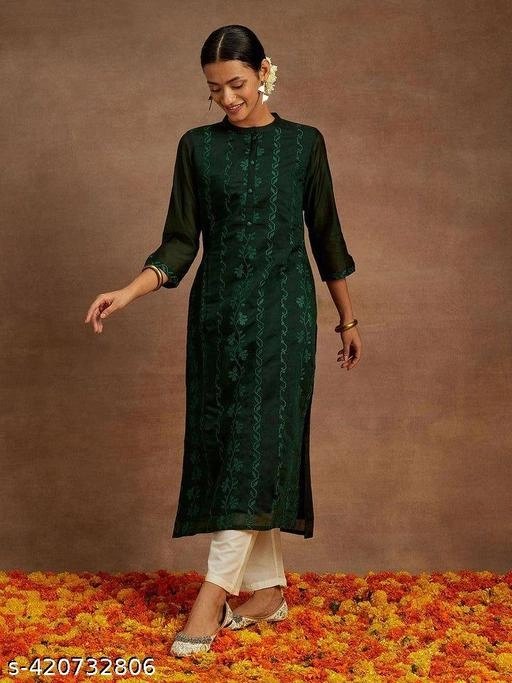 Cotton Silk Embroidered Kurti for Women (Green, XS)