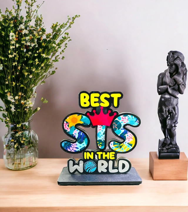 Wooden Handcrafted Best Sis In The World Trophy Gifts (Multicolor, 14.5 cm)