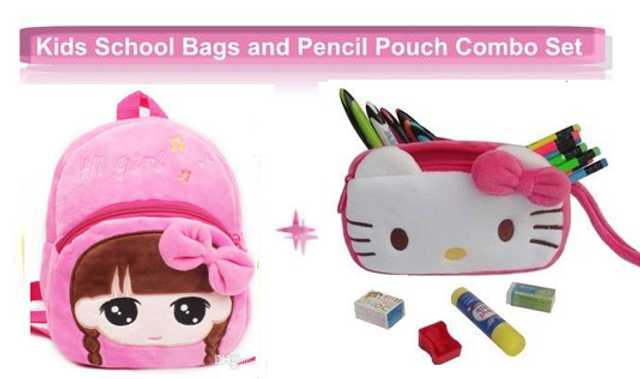 Kooniv Plus Polyester Kids School Bag And Pencil Pouch Combo (Pack Of 2, Pink) (AG-2)