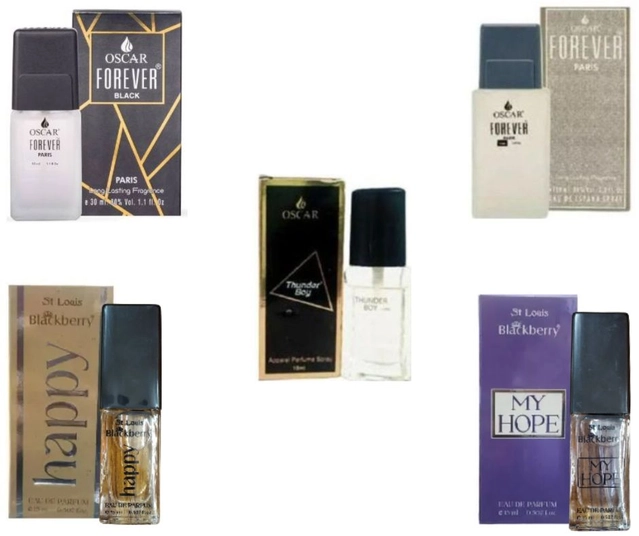 Combo of Oscar Forever Paris Grey 10 ml, Forever Black Perfume 10 ml, Forever Thunder Boy Perfume 10 ml, Happy Perfume 15ml, & My Hope Perfume 15 ml (Pack of 5)