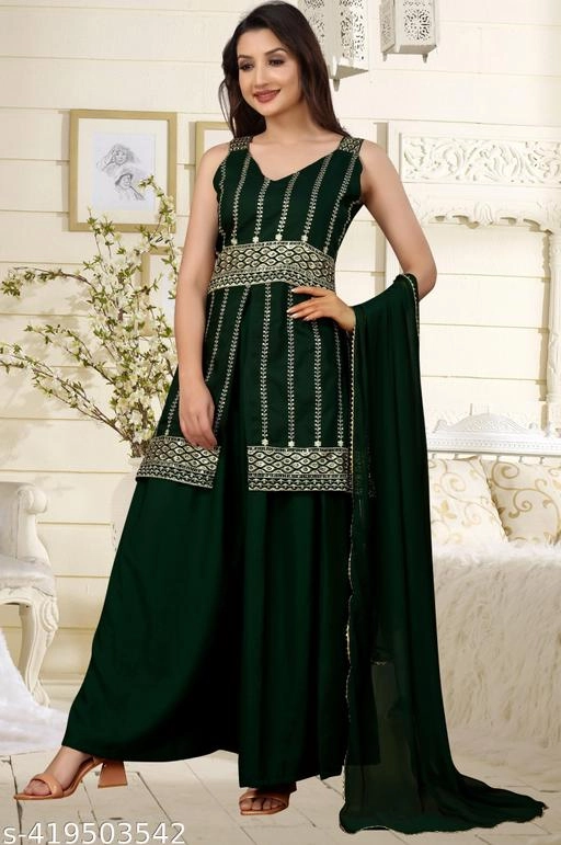 Rayon Embroidered Kurti with Sharara & Dupatta for Women (Green, S)