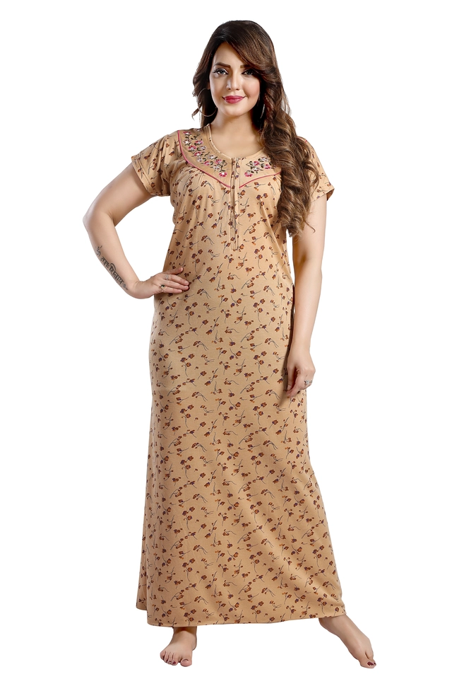 Hosiery Printed Nightdress for Women (Mustard, M)