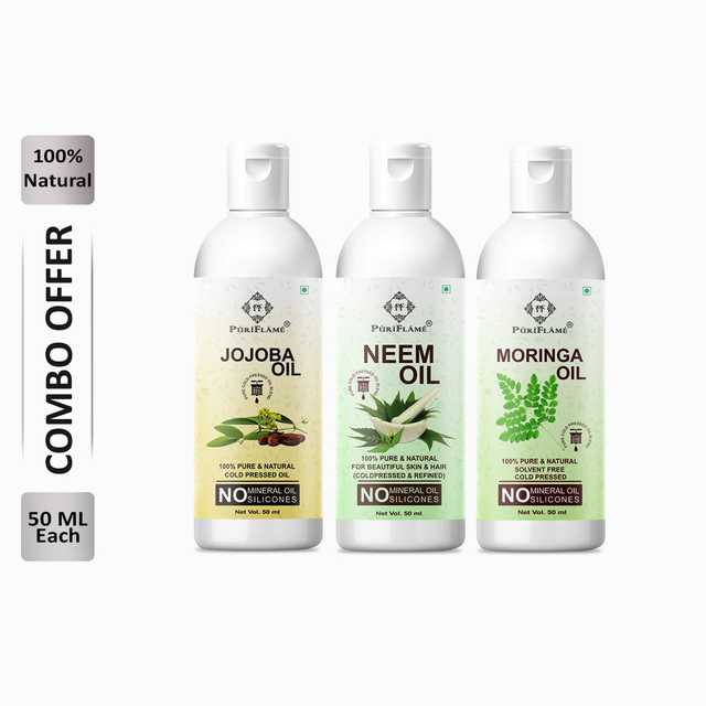 Puriflame Pure Jojoba Oil (50 ml), Neem Oil (50 ml) & Moringa Oil (50 ml) Combo for Rapid Hair Growth (Pack Of 3) (B-11545)