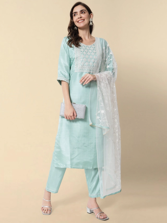 Silk Blend Embroidered Kurta with Pant for Women (Multicolor, 3XL)