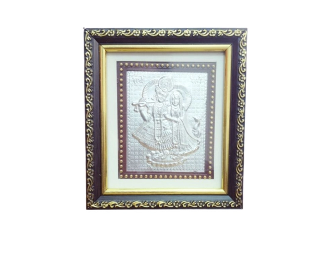 Wooden Shri Radha Krishna Lilver Photo Frame for Puja (Multicolor, 5x5 inches)