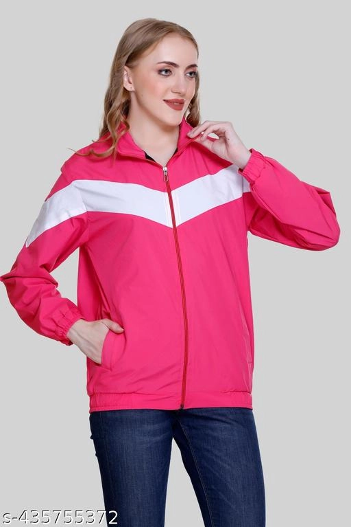 Nylon Solid Jackets for Women (Pink & White, M)