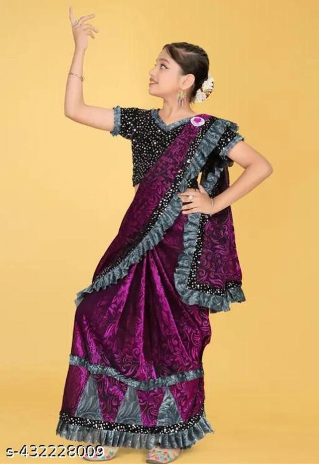 Self-Design Fancy Saree for Girls with Blouse (Wine, 3-4 Years)