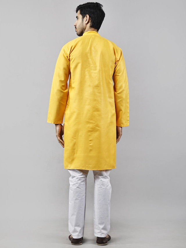 Cotton Blend Solid Kurta with Pyjama Set for Men (Yellow, M)