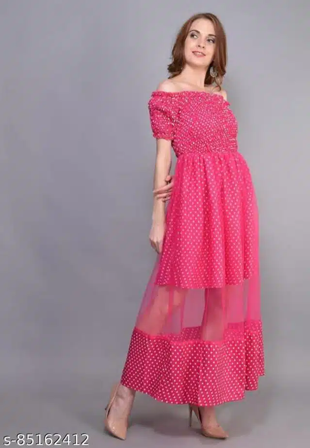 Poly Crepe Half Sleeves Dress for Women (Dark Pink, S)