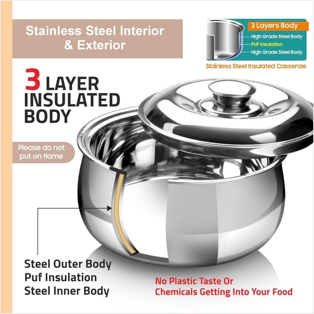 Attri Double Wall Stainless Steel Belly Shape Insulated Casserole 1500ml