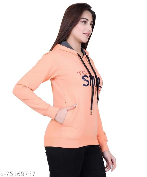 Cotton Blend Printed Hoodie for Women (Peach, M)