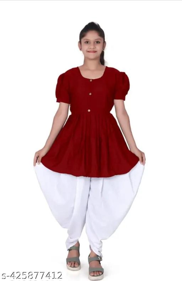 Crepe Solid Kurti with Dhoti for Girls (Maroon & White, 2-3 Years)