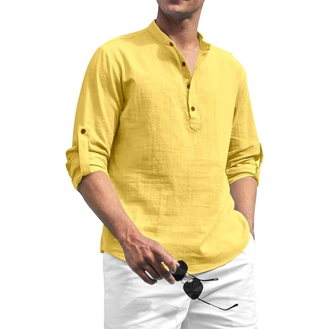 Cotton Solid Kurta for Men (Yellow, S)