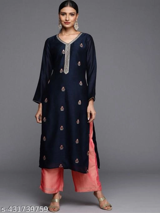 Silk Blend Embroidered Kurti for Women (Navy Blue, XS)